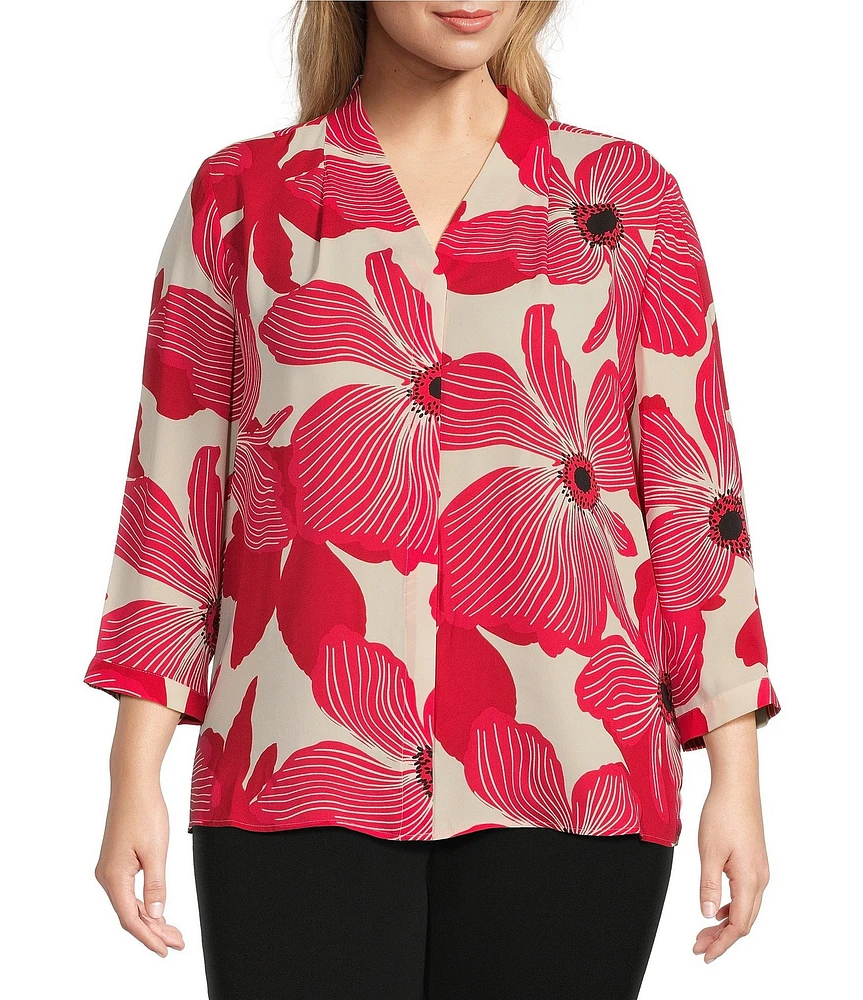 Investments Plus Size Caroline Signature Upbeat Poppy V-Neck 3/4 Sleeve Button Front Top