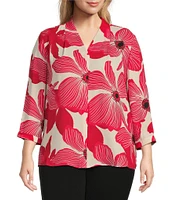Investments Plus Size Caroline Signature Upbeat Poppy V-Neck 3/4 Sleeve Button Front Top