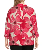 Investments Plus Size Caroline Signature Upbeat Poppy V-Neck 3/4 Sleeve Button Front Top