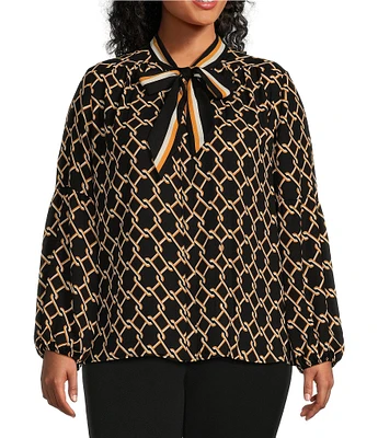 Investments Plus Size Chain Geo Woven Long Sleeve V-Neck Tie Detail Top