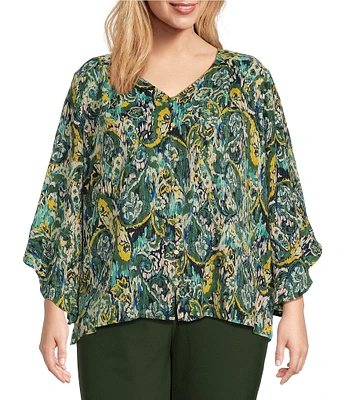 Investments Plus Size Etched Paisley Print Woven Faux Button Front V-Neck 3/4 Flare Ruffle Sleeve Top