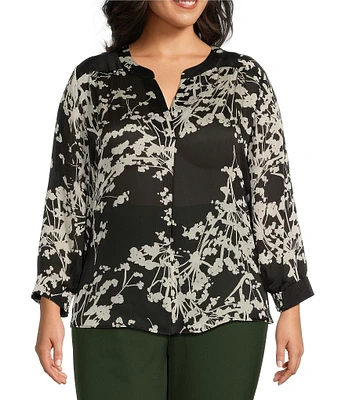 Investments Plus Size Floral Imprint Woven Inverted Pleat V-Neck 3/4 Sleeve Top