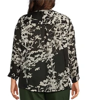 Investments Plus Size Floral Imprint Woven Inverted Pleat V-Neck 3/4 Sleeve Top