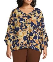 Investments Plus Size Floral Shadows Abstract Print Woven Faux Button Front V-Neck 3/4 Flare Ruffle Sleeve Top