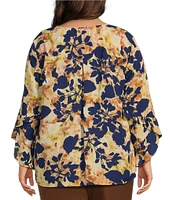 Investments Plus Size Floral Shadows Abstract Print Woven Faux Button Front V-Neck 3/4 Flare Ruffle Sleeve Top