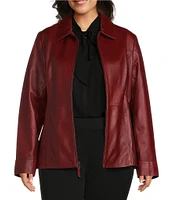 Investments Plus Size Genuine Lamb Leather Long Sleeve Point Collar Zip Front Jacket