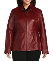 Investments Plus Size Genuine Lamb Leather Long Sleeve Point Collar Zip Front Jacket