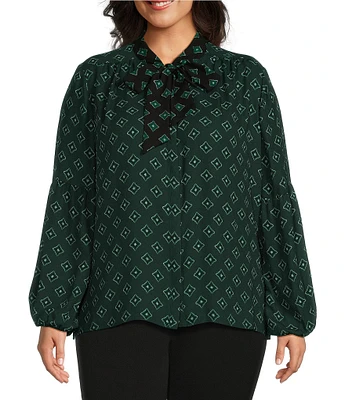 Investments Plus Size Green Foulard Woven Long Sleeve V-Neck Tie Detail Top