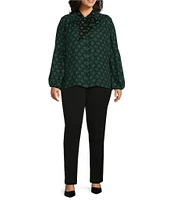 Investments Plus Size Green Foulard Woven Long Sleeve V-Neck Tie Detail Top