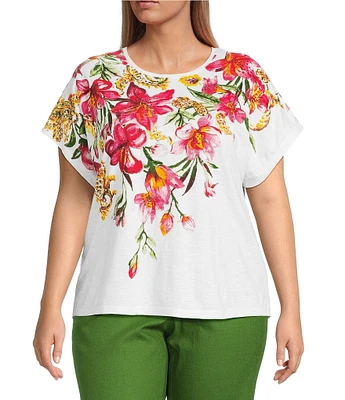 Investments Plus Size Hanging Floral Short Sleeve Embellished Novelty Crew Neck Top