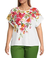 Investments Plus Size Hanging Floral Short Sleeve Embellished Novelty Crew Neck Top