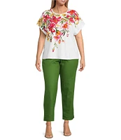 Investments Plus Size Hanging Floral Short Sleeve Embellished Novelty Crew Neck Top