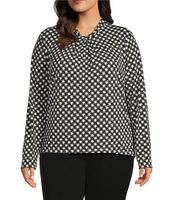 Investments Plus Size Knit Etched Chain Link Long Sleeve Twist Neck Top