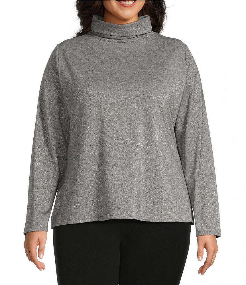 Investments Plus Size Metallic Knit Long Sleeve Turtle Neck Top