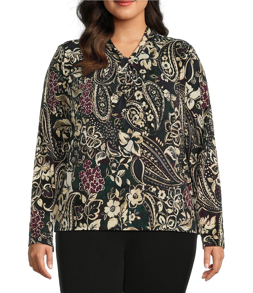 Investments Plus Size Knit Painted Paisley Long Sleeve Twist Neck Top