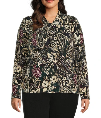 Investments Plus Size Knit Painted Paisley Long Sleeve Twist Neck Top