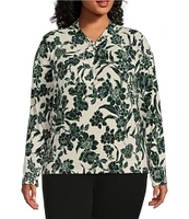 Investments Plus Size Knit Painterly Floral Long Sleeve Twist Neck Top