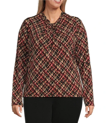 Investments Plus Size Knit Printed Tweed Long Sleeve Twist Neck Top