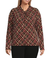 Investments Plus Size Knit Printed Tweed Long Sleeve Twist Neck Top