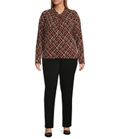 Investments Plus Size Knit Printed Tweed Long Sleeve Twist Neck Top