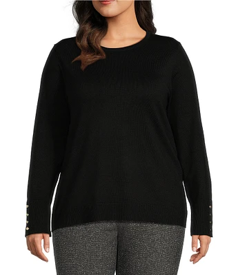 Investments Plus Size Long Sleeve Button Cuff Crew Neck Sweater