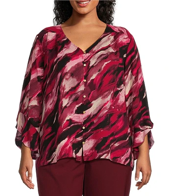 Investments Plus Size Marbled Beet Abstract Print Woven Faux Button Front V-Neck 3/4 Flare Ruffle Sleeve Top