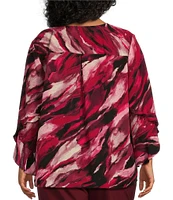 Investments Plus Size Marbled Beet Abstract Print Woven Faux Button Front V-Neck 3/4 Flare Ruffle Sleeve Top