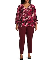 Investments Plus Size Marbled Beet Abstract Print Woven Faux Button Front V-Neck 3/4 Flare Ruffle Sleeve Top