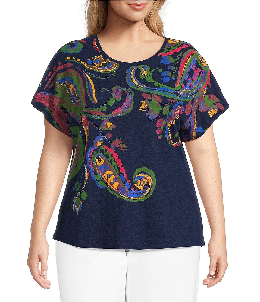 Investments Plus Size Multi Paisley Short Sleeve Embellished Novelty Crew Neck Top