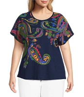 Investments Plus Size Multi Paisley Short Sleeve Embellished Novelty Crew Neck Top