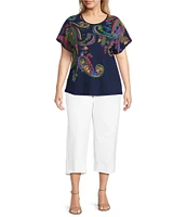 Investments Plus Size Multi Paisley Short Sleeve Embellished Novelty Crew Neck Top