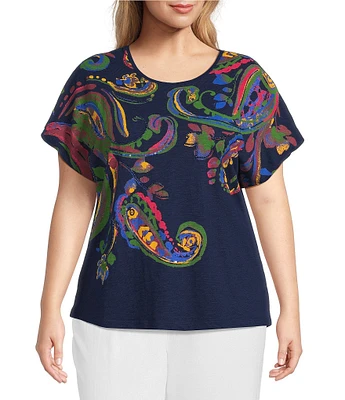 Investments Plus Size Multi Paisley Short Sleeve Embellished Novelty Crew Neck Top