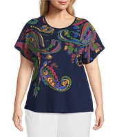 Investments Plus Size Multi Paisley Short Sleeve Embellished Novelty Crew Neck Top