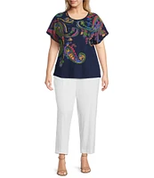 Investments Plus Size Multi Paisley Short Sleeve Embellished Novelty Crew Neck Top