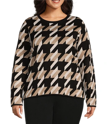 Investments Plus Size Novelty Houndstooth Long Sleeve Sweater