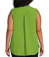 Investments Plus Size Point Collar Sleeveless Button Tie Front Top