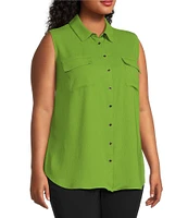 Investments Plus Size Point Collar Sleeveless Button Tie Front Top