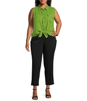 Investments Plus Size Point Collar Sleeveless Button Tie Front Top