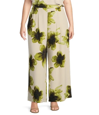 Investments Plus Size Watercolor Blooms Print Pull-On Straight Leg Novelty Pants