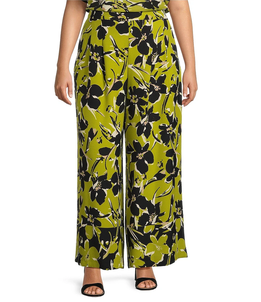 Investments Plus Size Blocked Floral Pull-On Straight Leg Novelty Pants