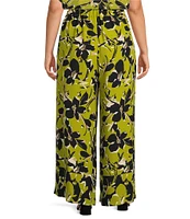 Investments Plus Size Blocked Floral Pull-On Straight Leg Novelty Pants