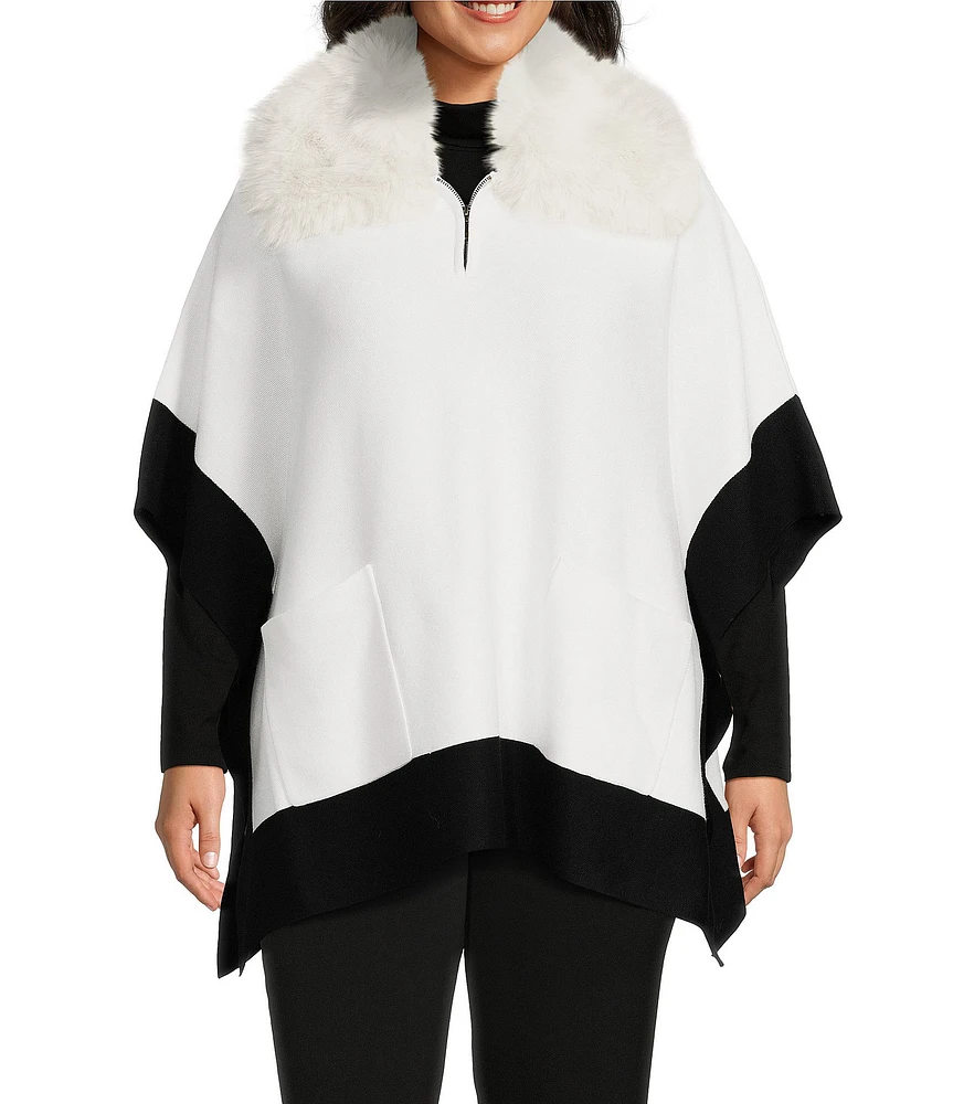 Investments Plus Size Removable Faux Fur Zip Point Collar Elbow Sleeve Border Sweater Poncho