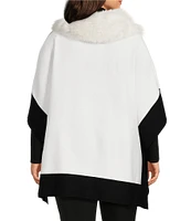 Investments Plus Size Removable Faux Fur Zip Point Collar Elbow Sleeve Border Sweater Poncho