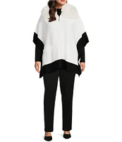 Investments Plus Size Removable Faux Fur Zip Point Collar Elbow Sleeve Border Sweater Poncho