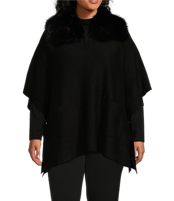 Investments Plus Size Removable Faux Fur Zip Point Collar Elbow Sleeve Sweater Poncho