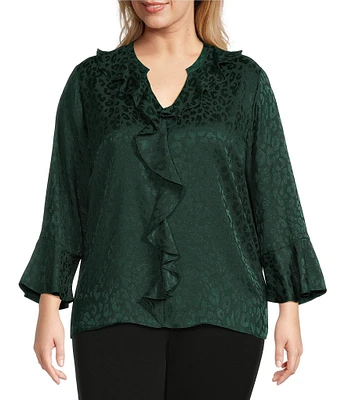 Investments Plus Size Riley Woven Animal Print Cascading Ruffle Y-Neck Long Sleeve Top