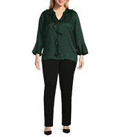 Investments Plus Size Riley Woven Animal Print Cascading Ruffle Y-Neck Long Sleeve Top