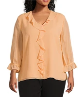 Investments Plus Size Riley Woven Cascading Ruffle V-Neck 3/4 Sleeve Top