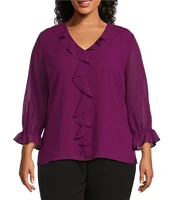 Investments Plus Size Riley Woven Cascading Ruffle V-Neck 3/4 Sleeve Top