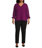 Investments Plus Size Riley Woven Cascading Ruffle V-Neck 3/4 Sleeve Top